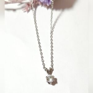 14K White Gold Filled Crystal Solitaire Pendant Necklace 18" Long Gift